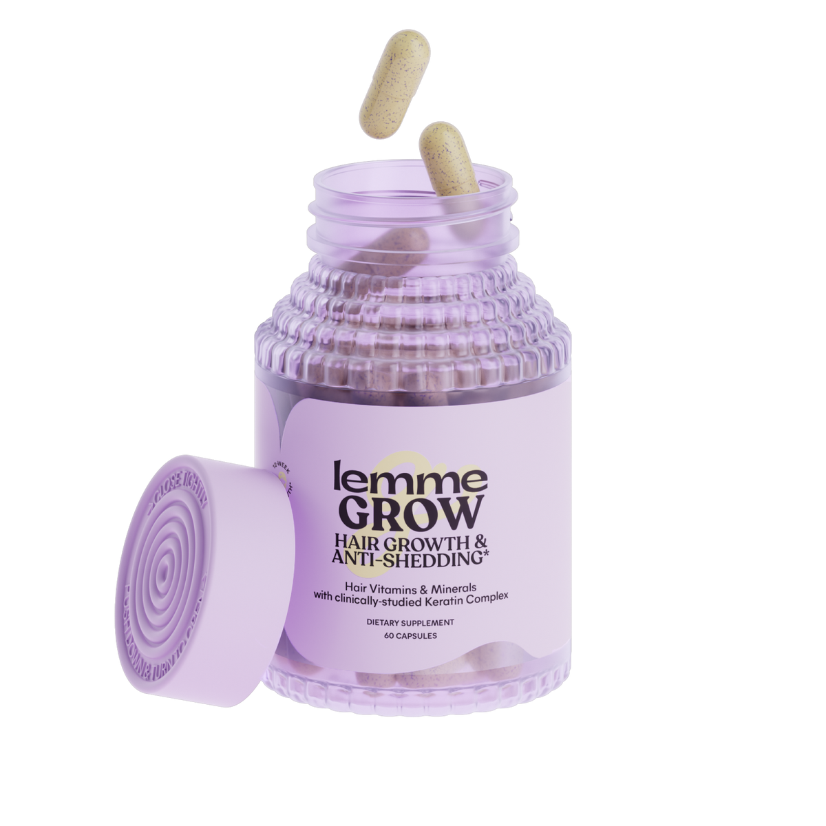 Purple jar of 'lemme Grow' hair growth and anti-shedding supplement with two capsules on a white background