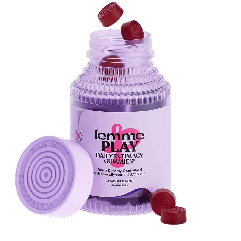 Lemme Play Daily Intimacy Gummies packaging with gummies on a white background