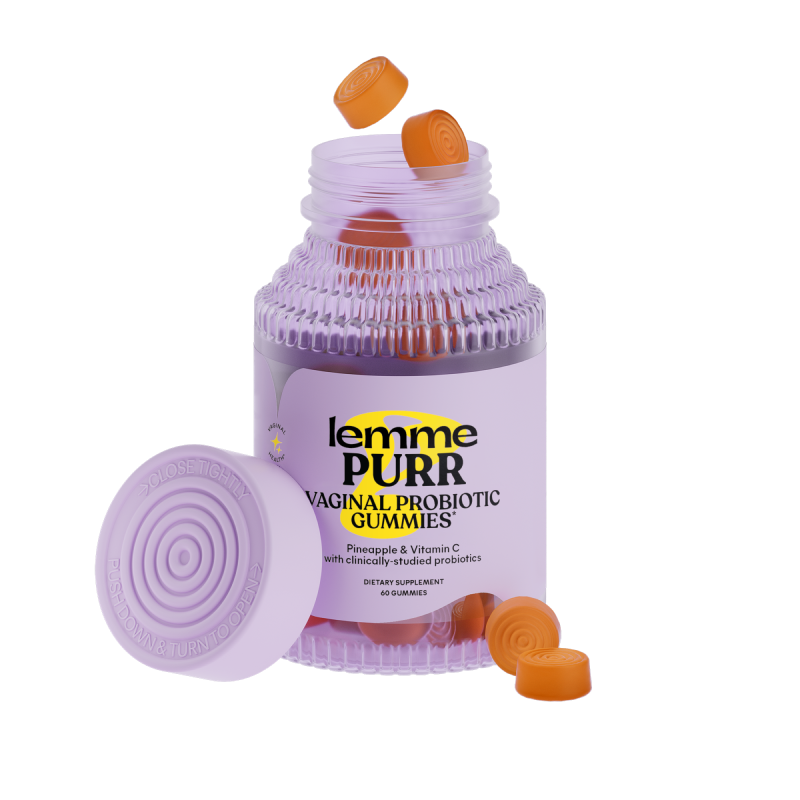 bottle of 'lemme PURR Vaginal Probiotic Gummies' with gummies on a white background