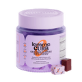 Purple container of lemme CURB Cravings Support Soft Chews with a small chew beside it on a black background.