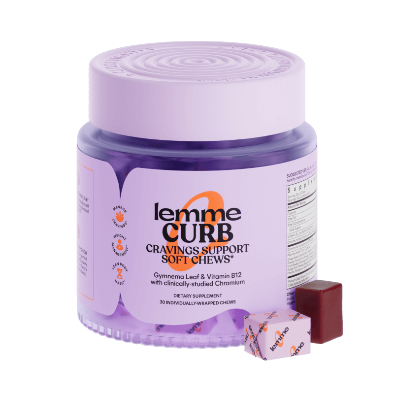 Purple container of lemme CURB Cravings Support Soft Chews with a small chew beside it on a black background.