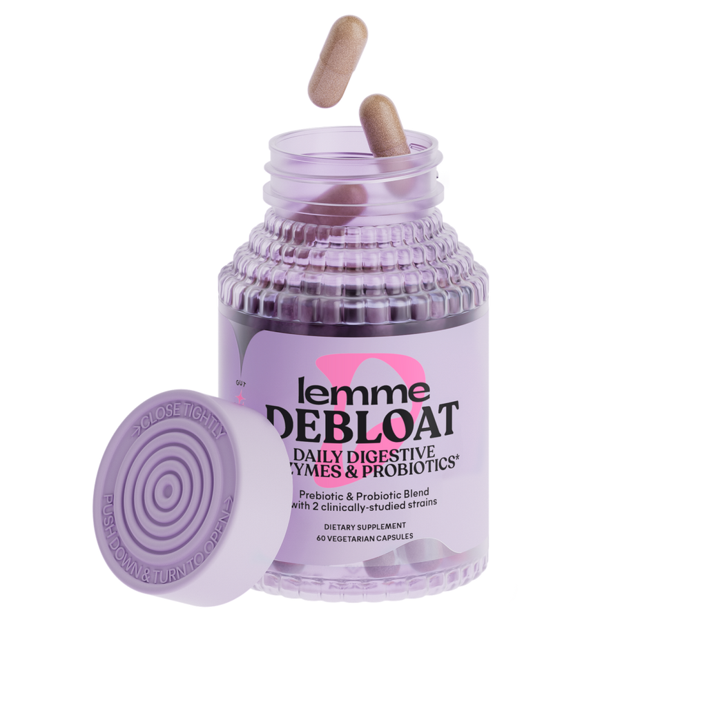 Purple supplement container labeled 'lemme DEBLOAT' with a pink cap on a white background