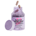 Purple supplement container labeled 'lemme DEBLOAT' with a pink cap on a white background