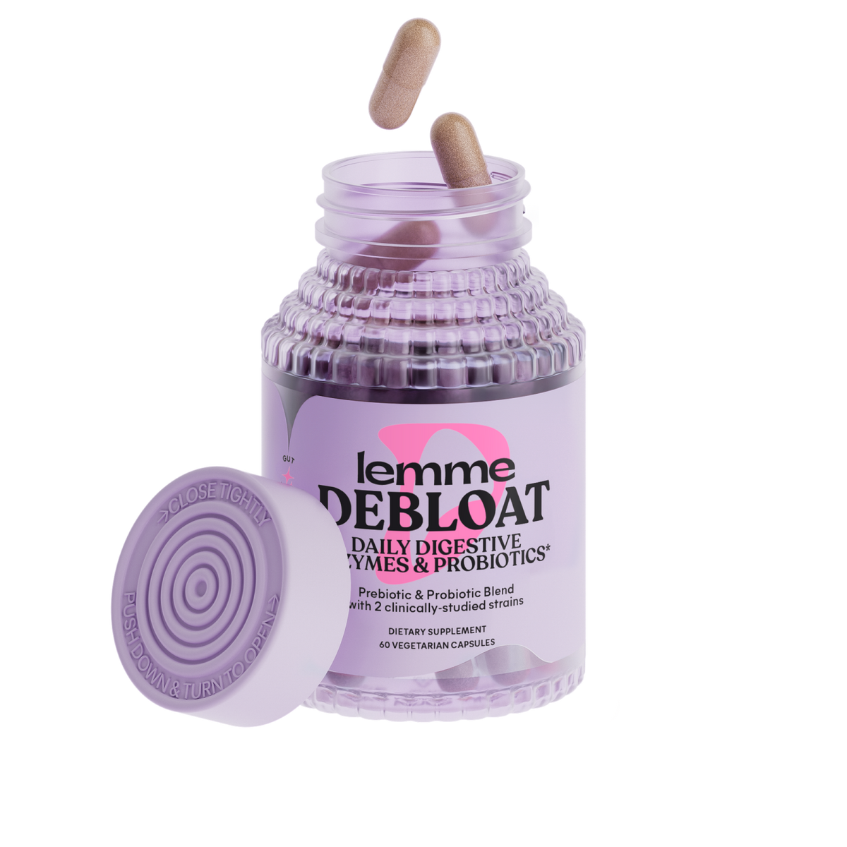 Purple supplement container labeled 'lemme DEBLOAT' with a pink cap on a white background