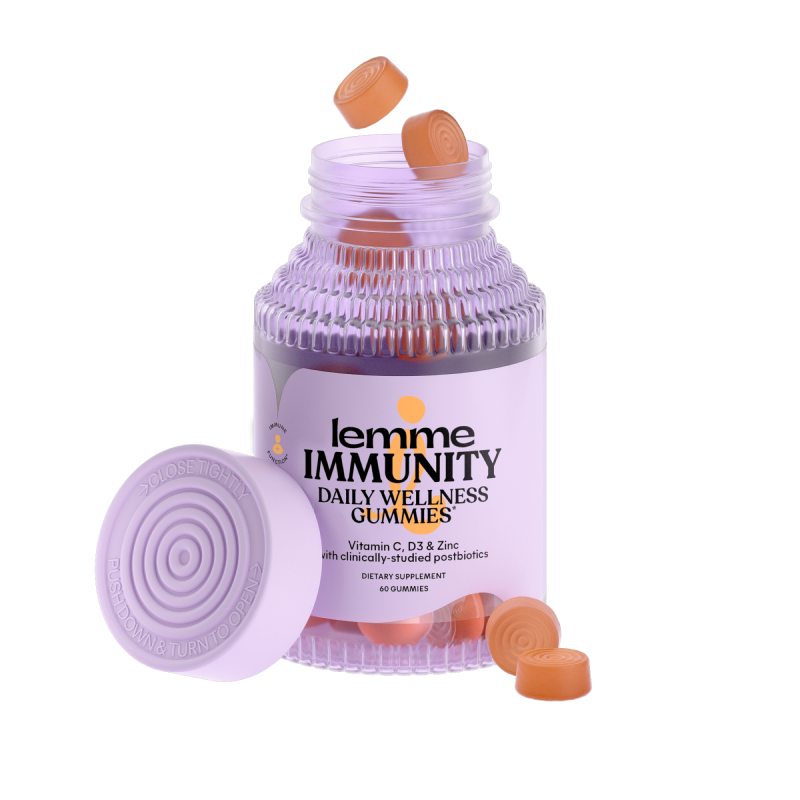 bottle of lemme Immunity Daily Wellness Gummies with gummies on a white background