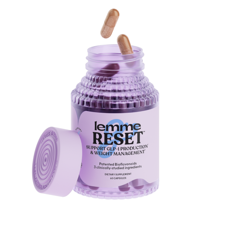Purple jar of 'lemme RESET' dietary supplement with capsules on a white background