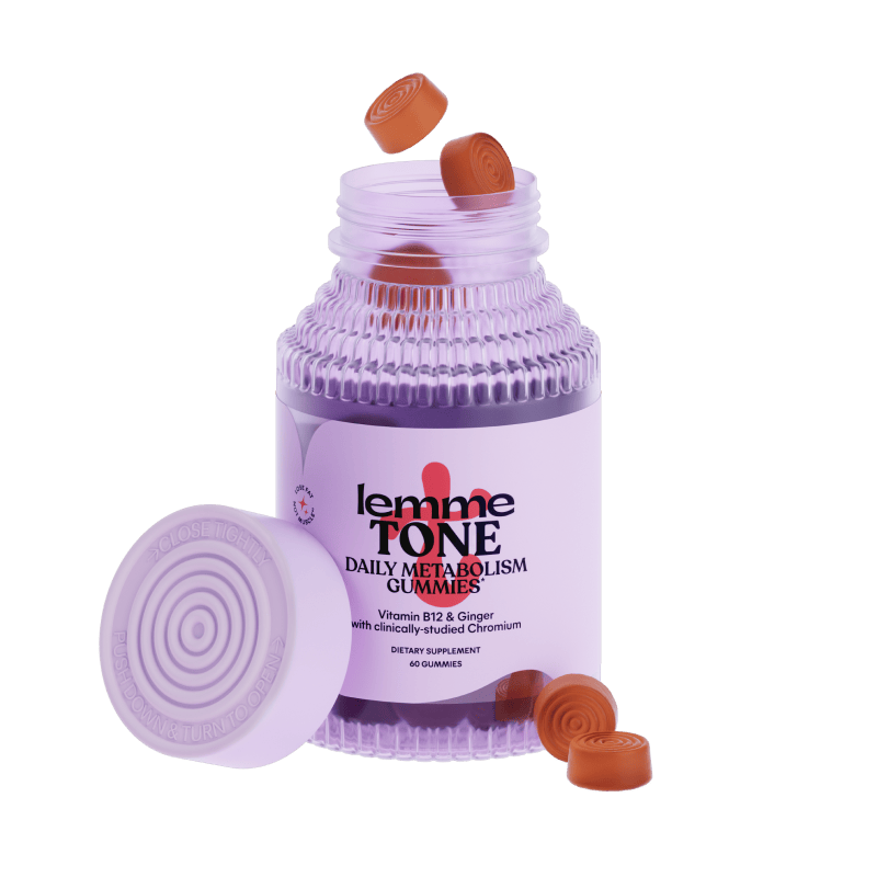 Lemme Tone daily metabolism gummies packaging with gummies on a green background