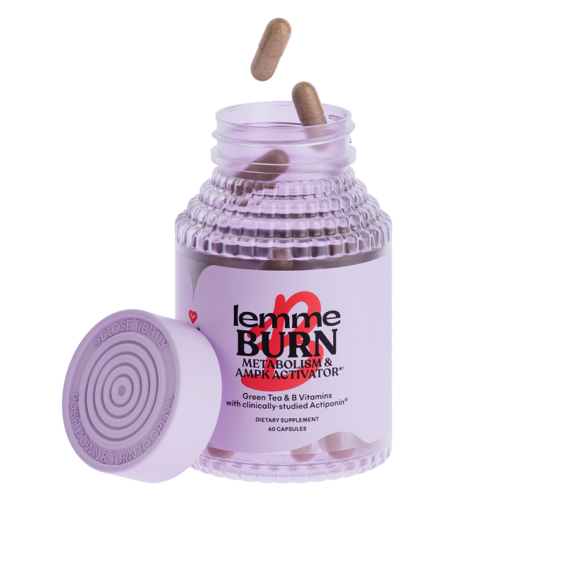 Supplement  bottle labeled 'lemme BURN' with capsules on a white background