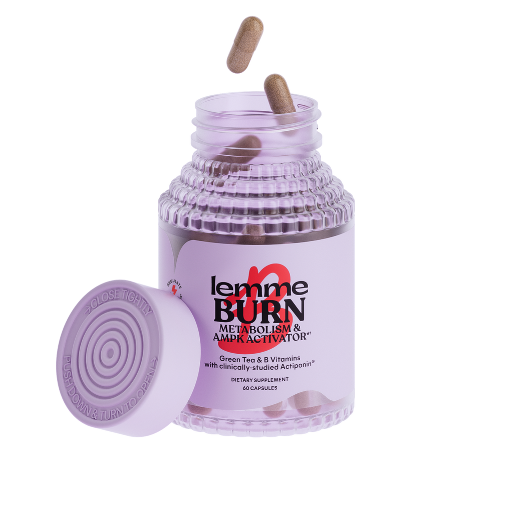 Supplement jar labeled 'lemme BURN' with capsules on a white background