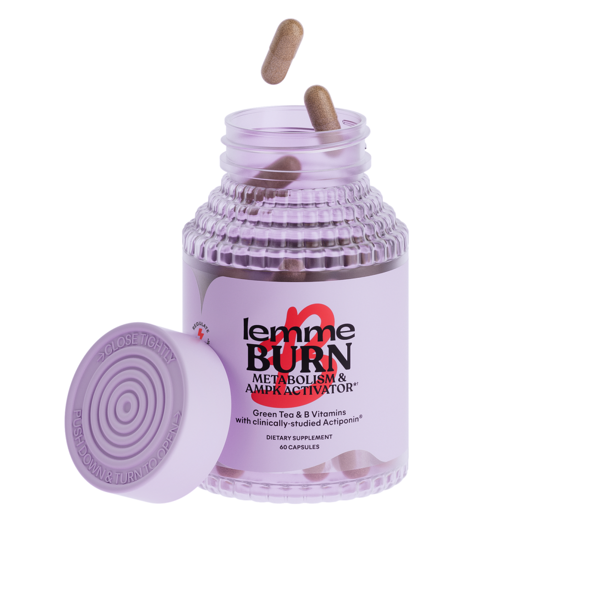 Supplement jar labeled 'lemme BURN' with capsules on a white background