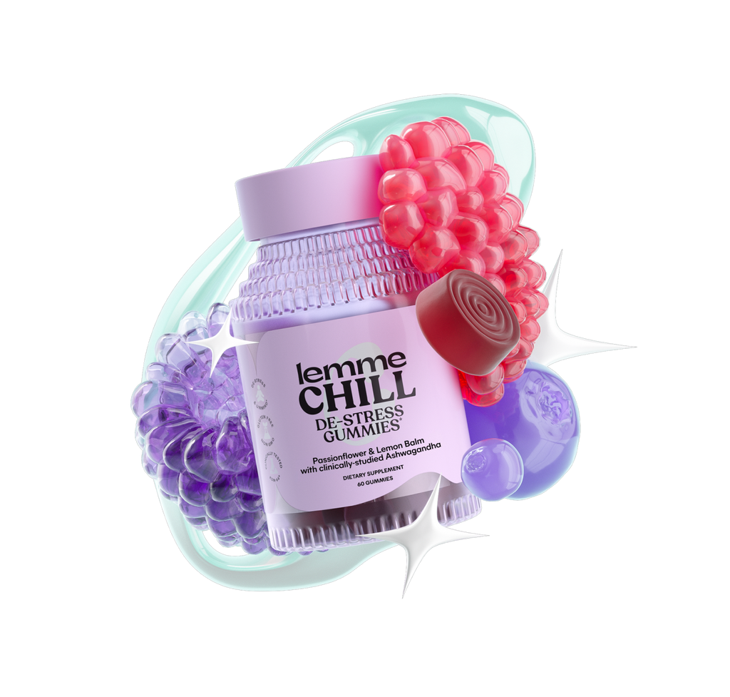 Lemme Chill de-stress gummies packaging with colorful gummy bears on a white background