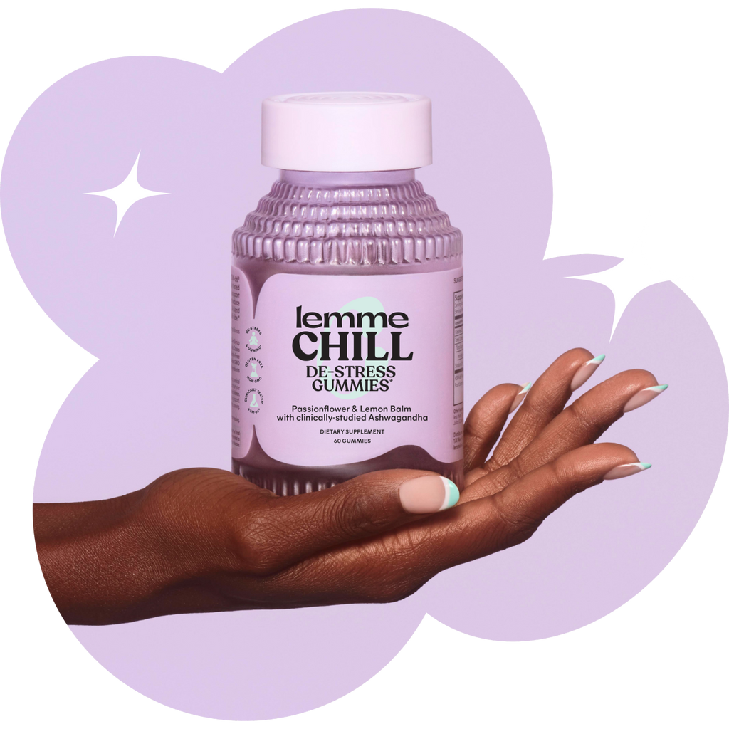 Lemme Chill de-stress gummies bottle held by a hand with a purple background