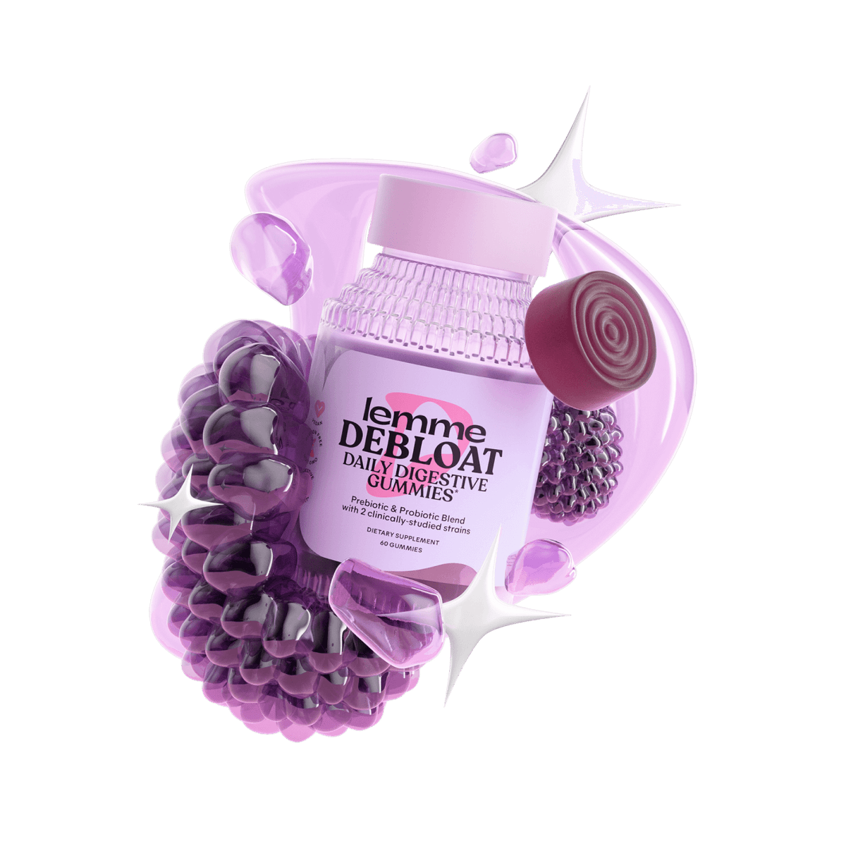 Purple bottle labeled 'lemme DEBLOAT' with gummy supplement on a black background