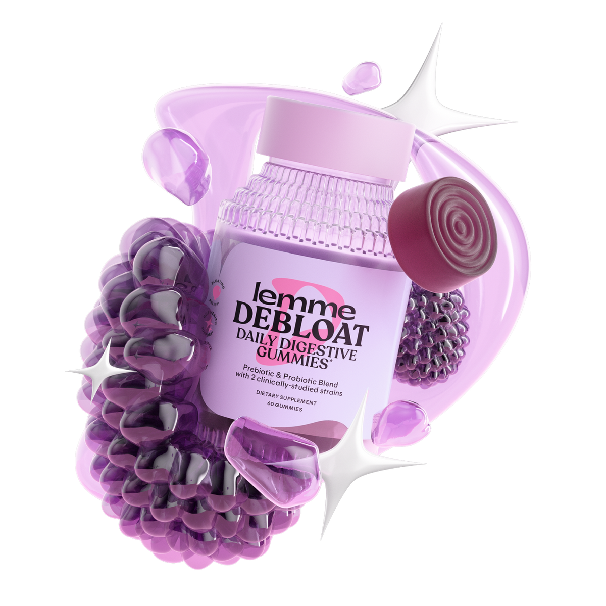 Lemme Debloat gummies packaging with a purple hair tie on a white background