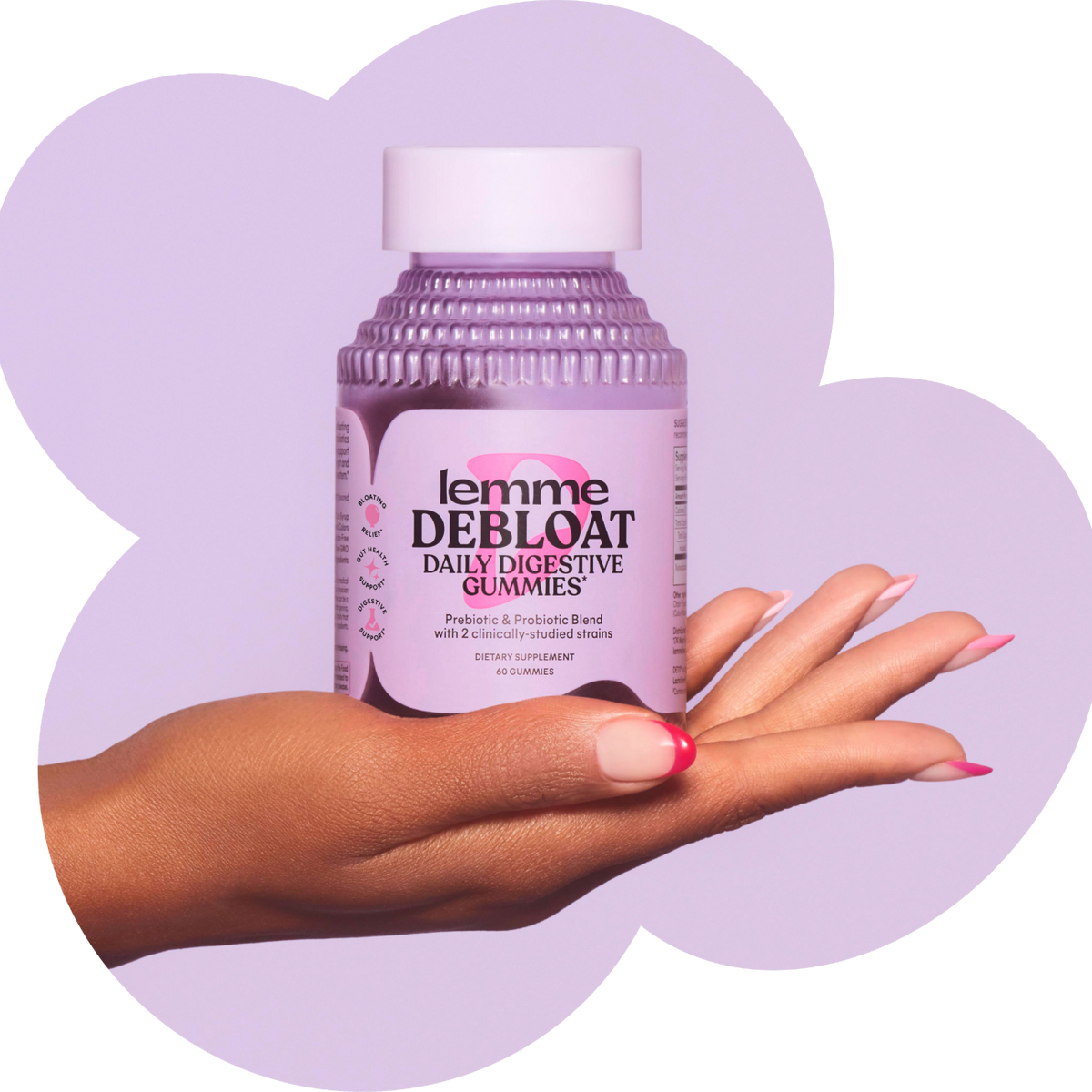 Hand holding a bottle of 'Lemme Debloat Daily Digestive Gummies' against a purple heart-shaped background