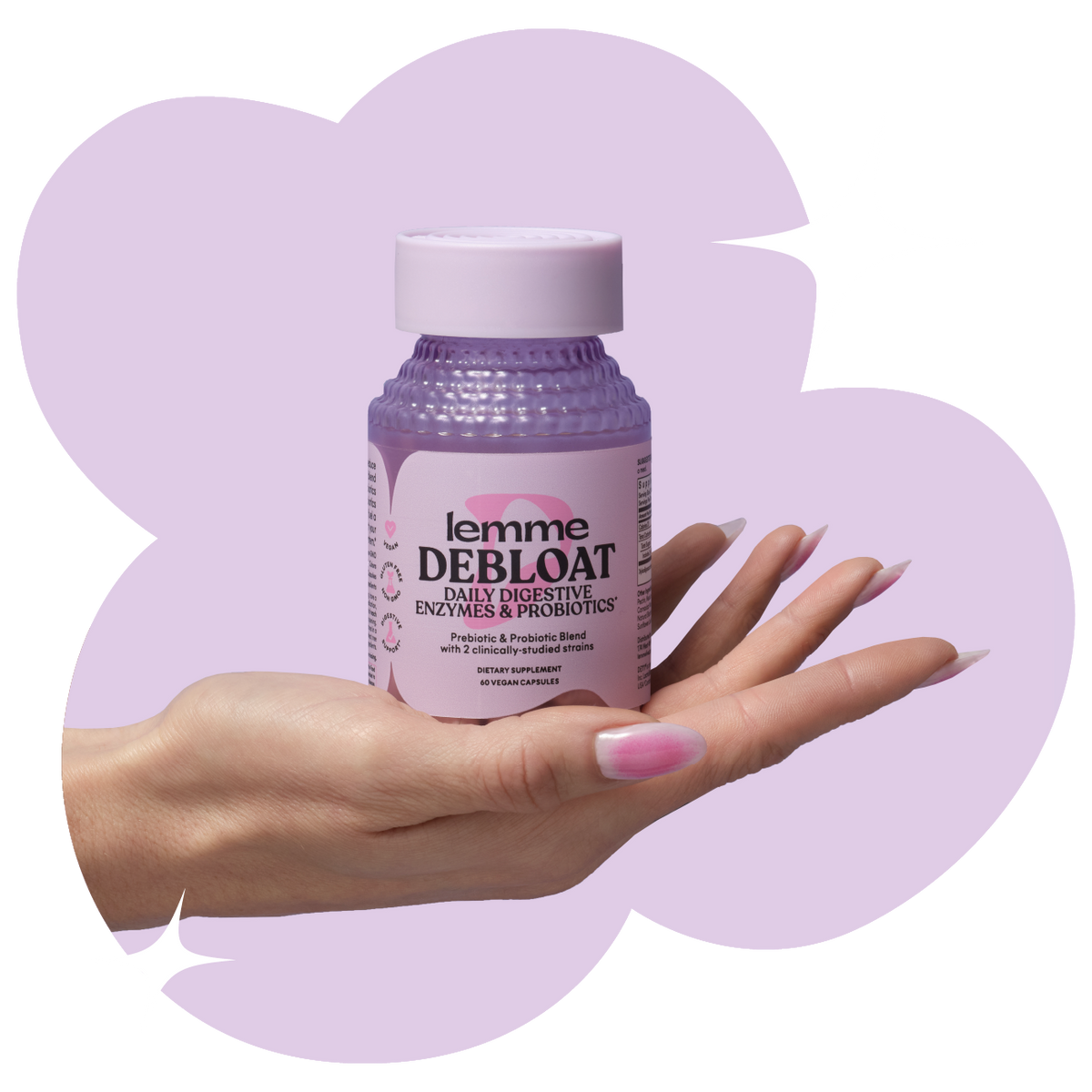 debloat lemme bottle in a hand with a light purple shaped background and a star 