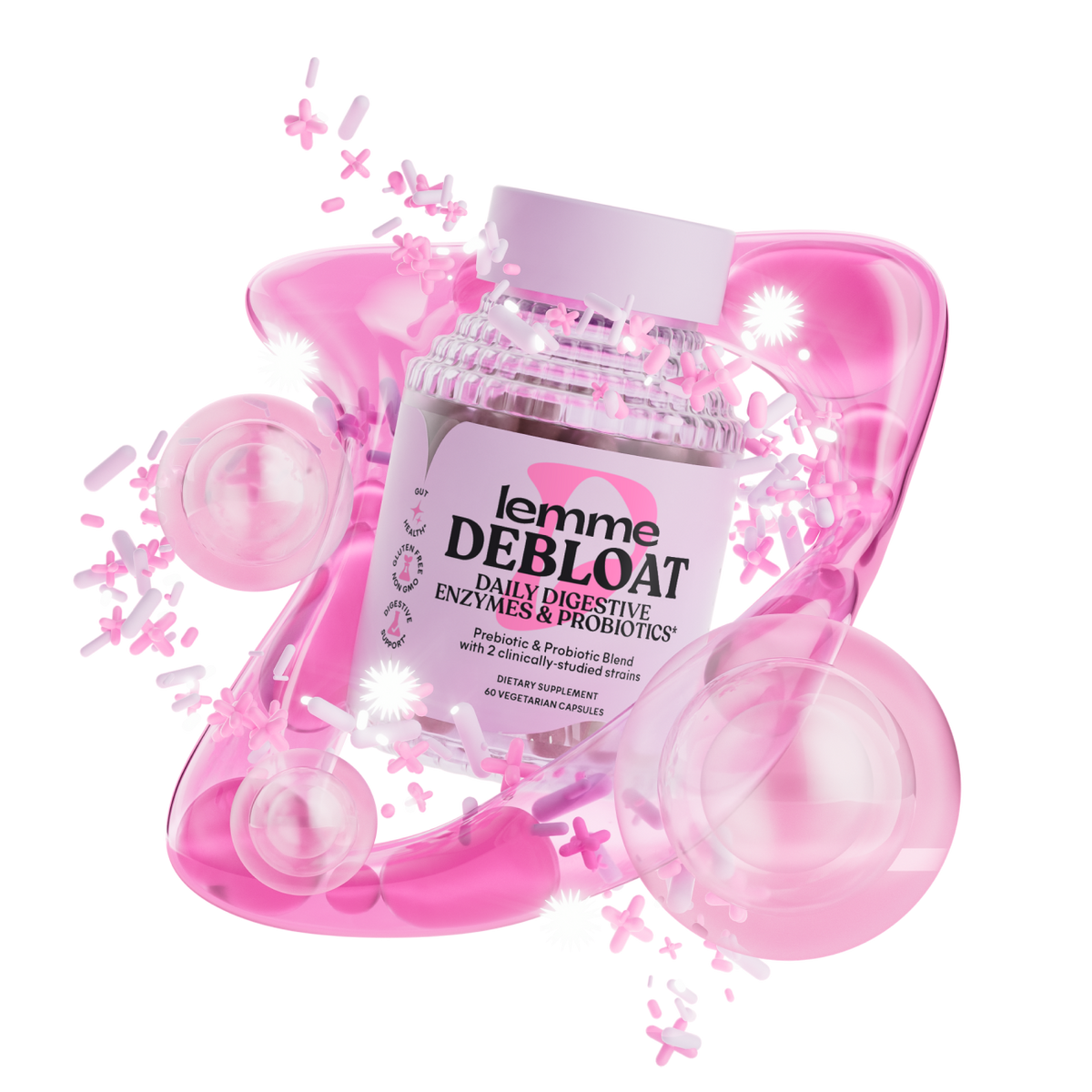 Lemme Debloat supplement bottle with pink decorative elements on a white background