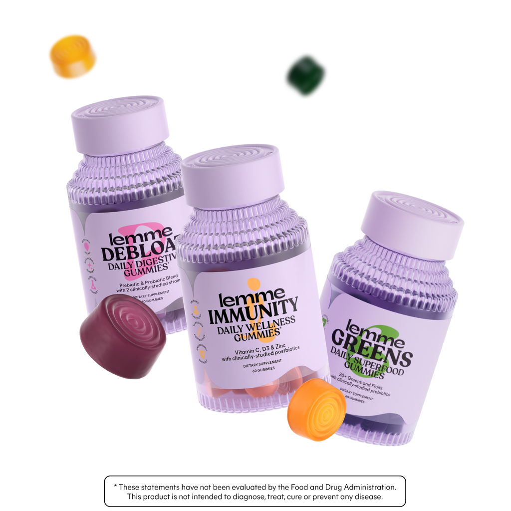 Three bottles of lemme health products on a white background with colorful gummies.