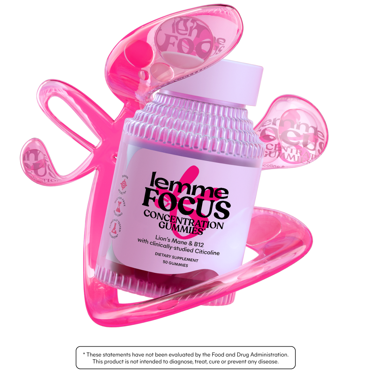 Lemme Focus Concentration Gummies packaging with pink butterfly-shaped holder on a white background
