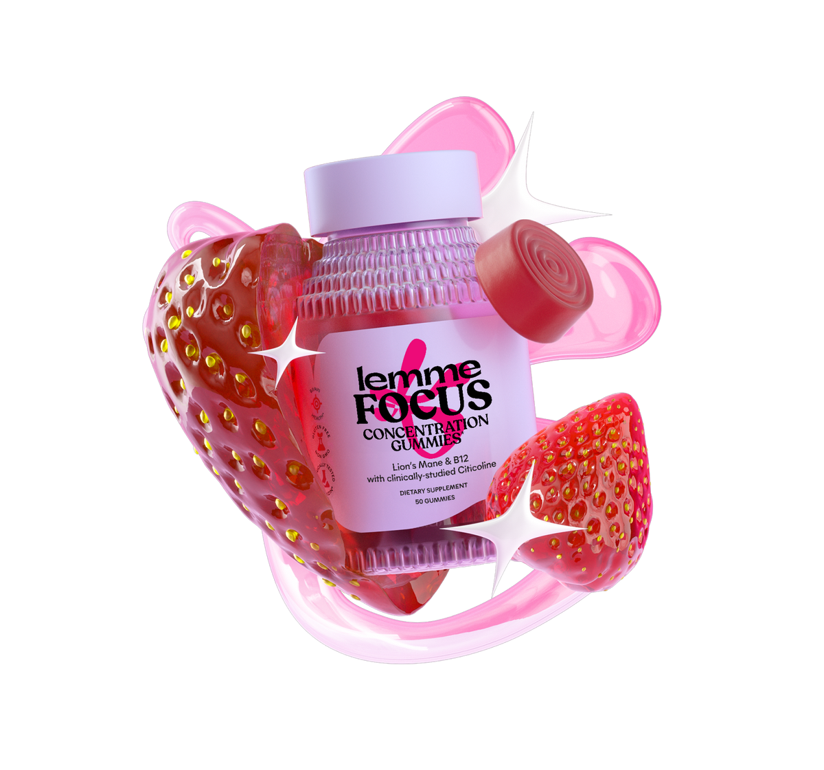 Pink and red chewable supplement container with 'Lemme Focus' branding on a white background