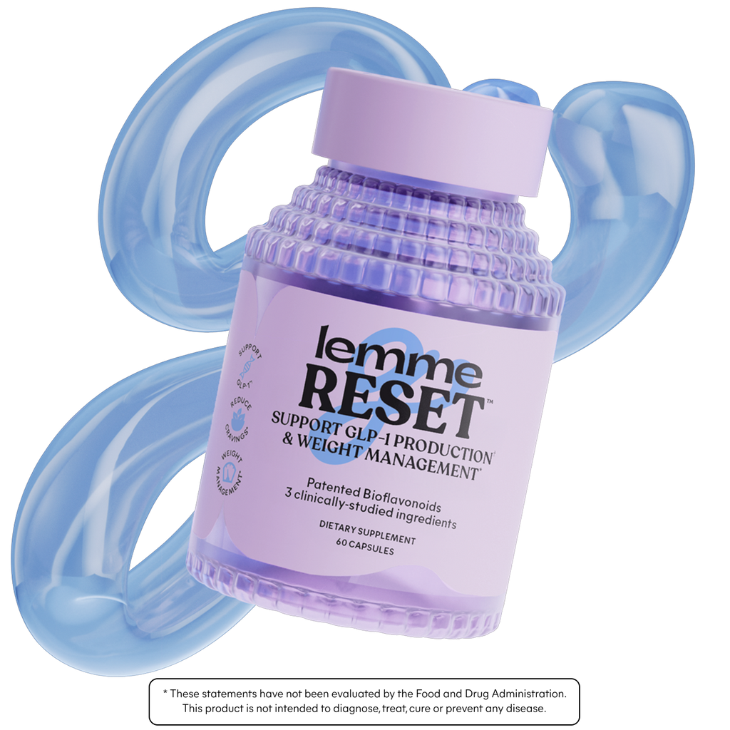 Supplement bottle labeled 'lemme RESET' with blue handles on a white background