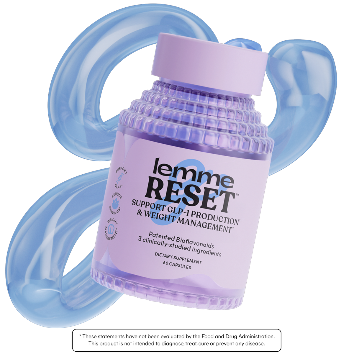 Supplement bottle labeled 'lemme RESET' with blue handles on a white background
