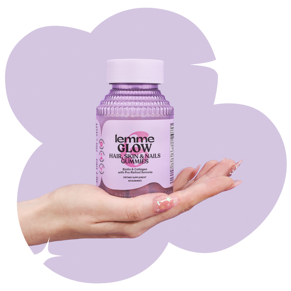 lemme glow gummies held in a hand with purple shape in the background with stars 