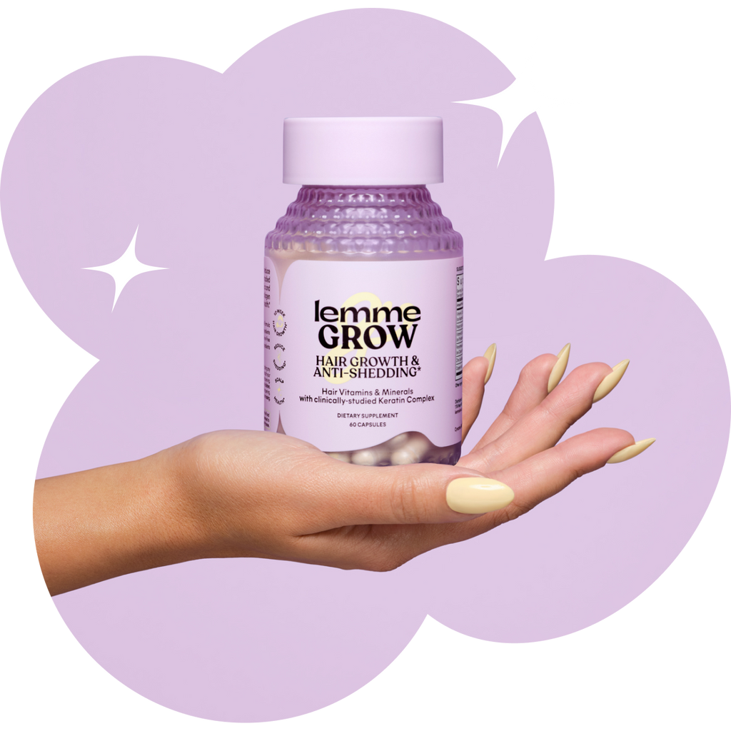 lemme grow bottle in the hand with a purple shape background 