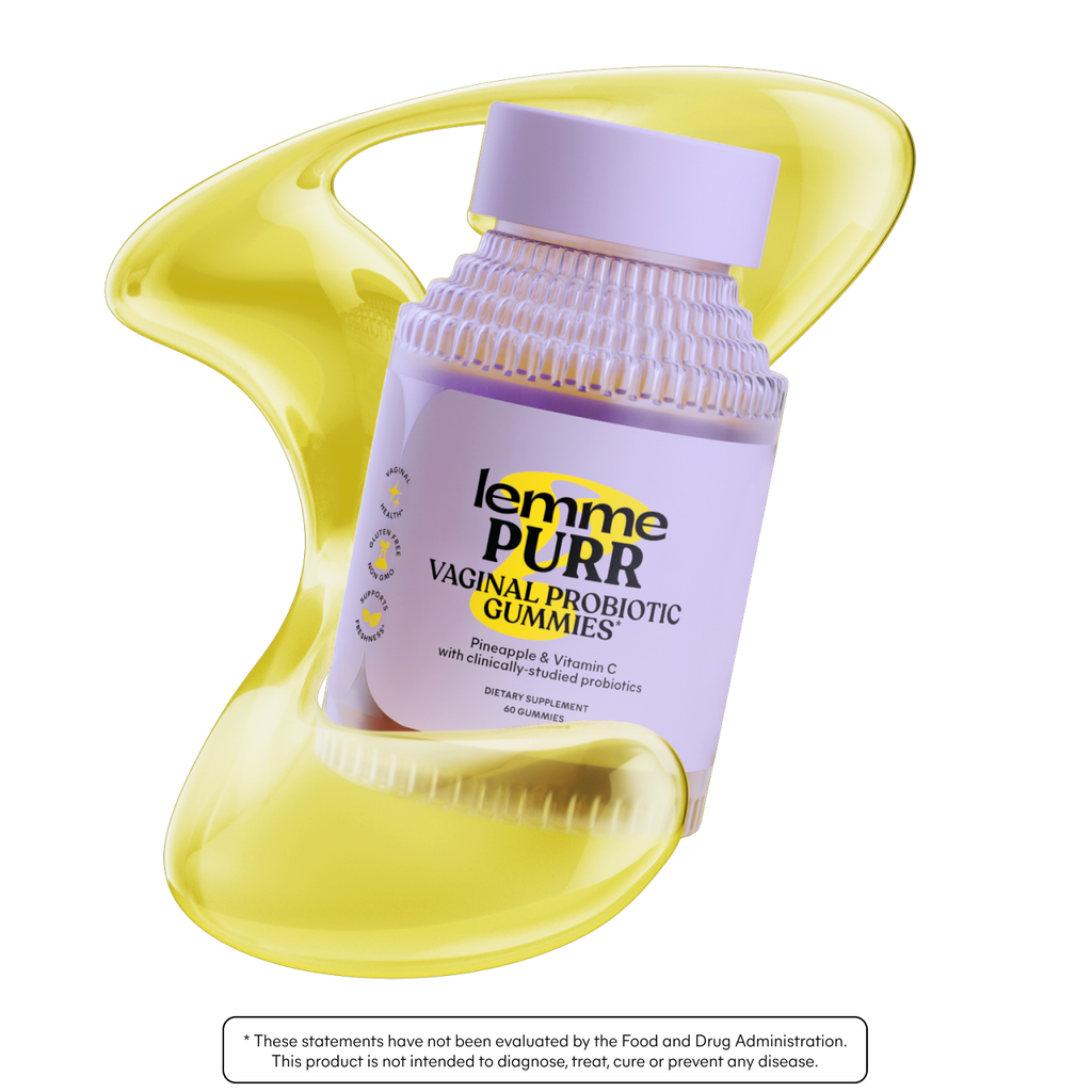 Lemme Purr vaginal probiotic gummies packaging with a yellow applicator on a white background.