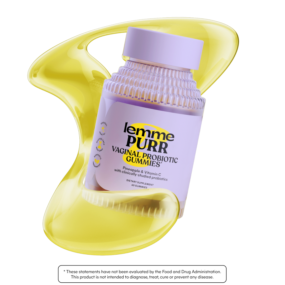 lemme purr vaginal gummies with a yellow shape in the background 