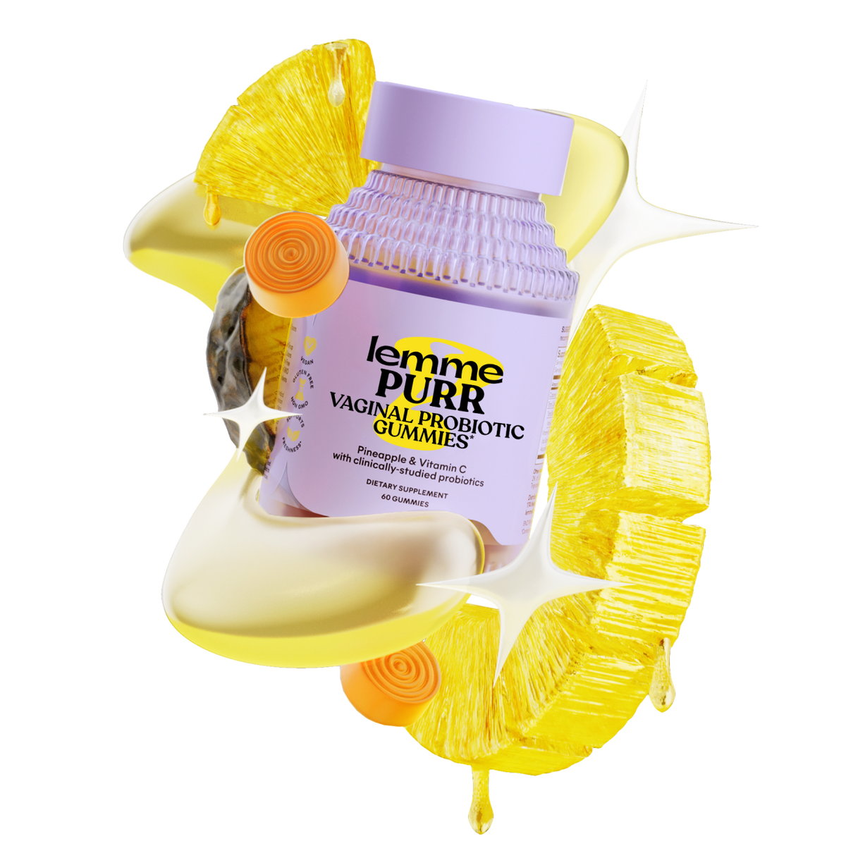 Vaginal probiotic gummies packaging with yellow floral elements on a white background