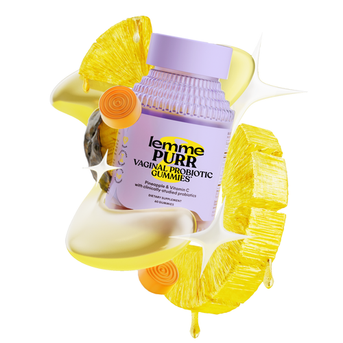 Vaginal probiotic gummies packaging with yellow floral elements on a white background
