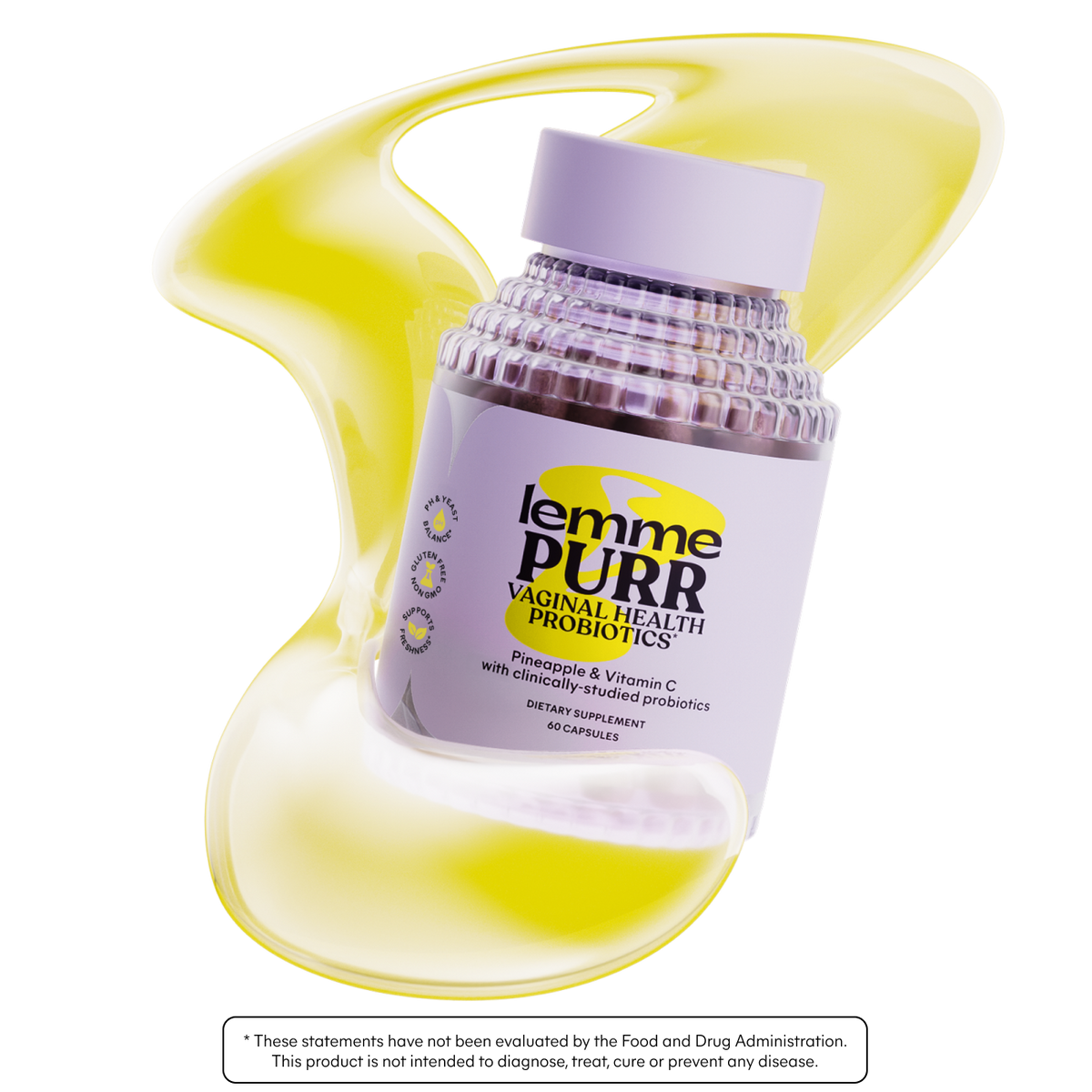 Bottle of lemme PURR Vaginal Health Probiotics on a white background