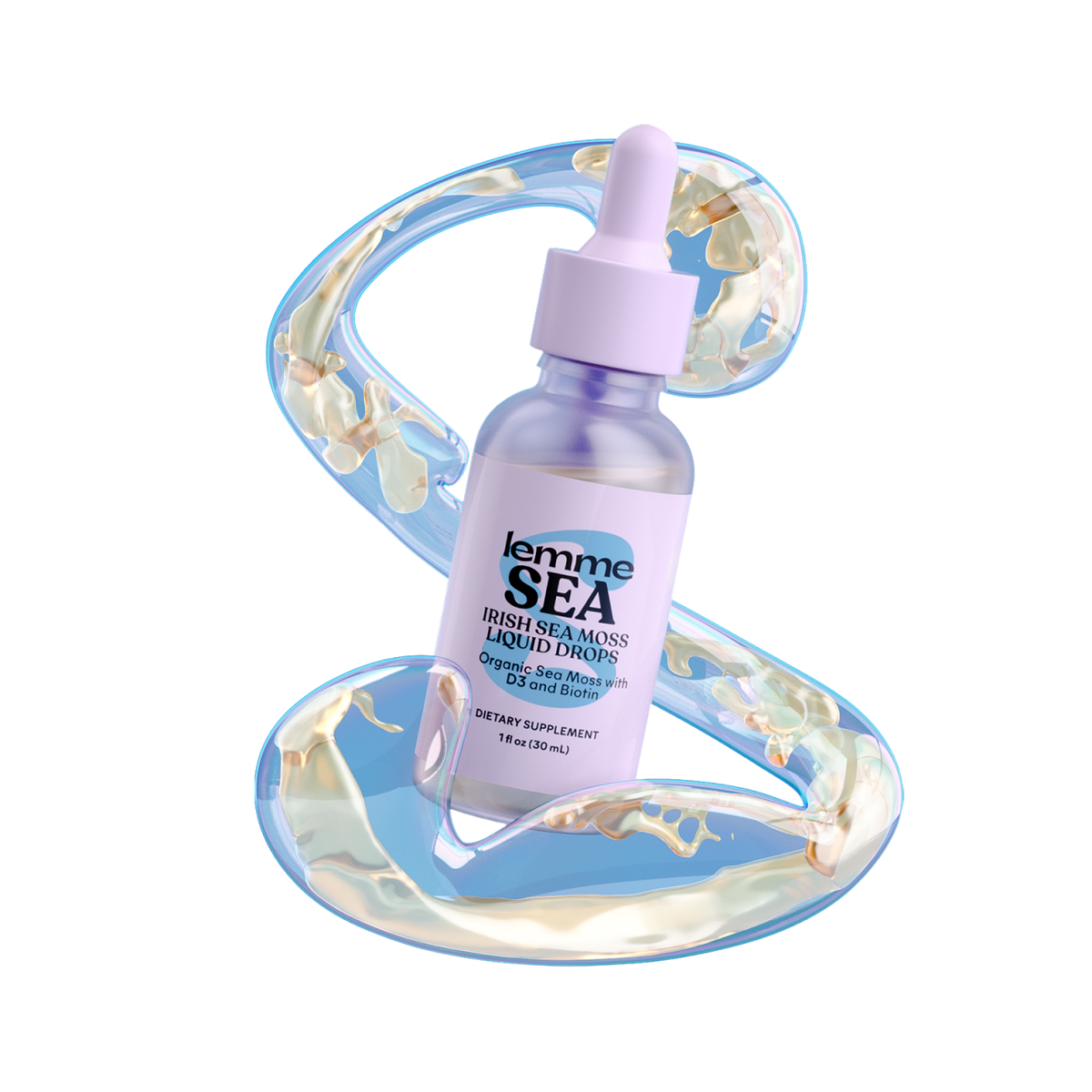 lemme sea moss liquid drop bottle with a shape in the background 