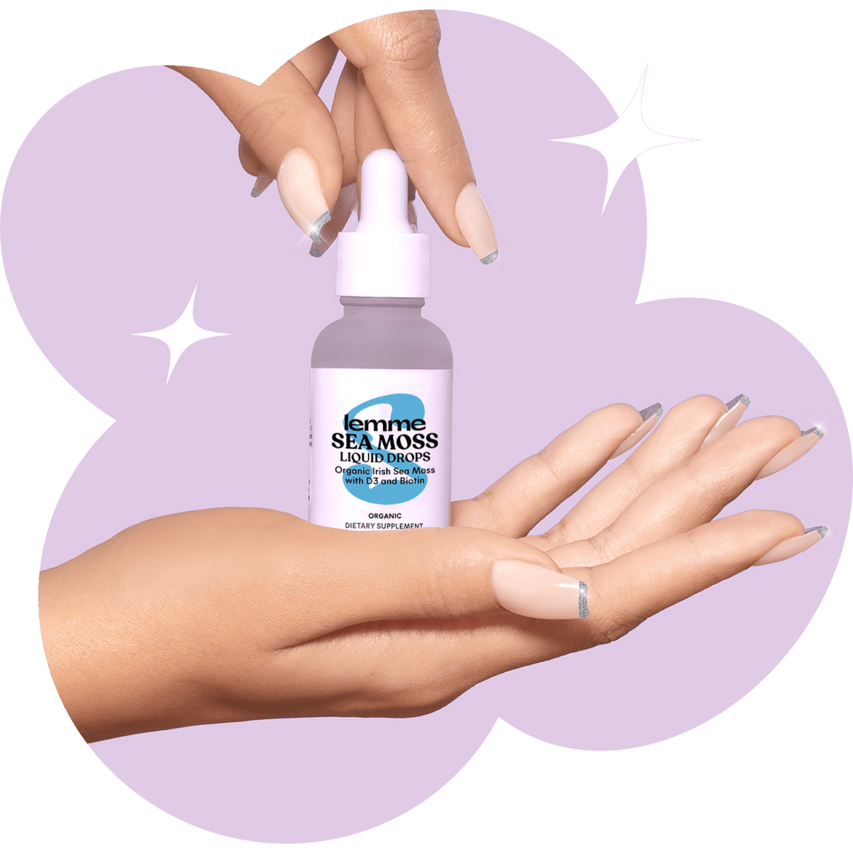 lemme sea moss in a hand with a purple shaped background 