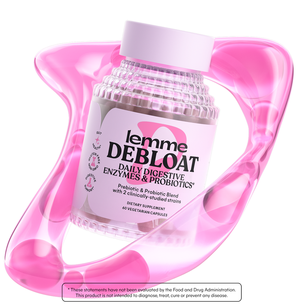 Supplement bottle labeled 'lemme DEBLOAT' in a pink holder on a white background