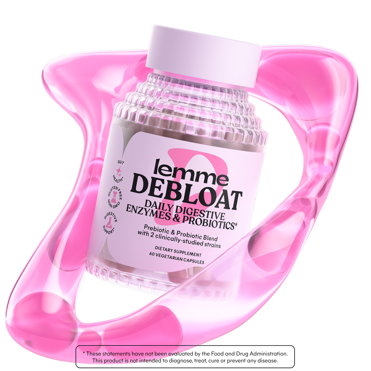 Supplement bottle labeled 'lemme DEBLOAT' in a pink holder on a white background