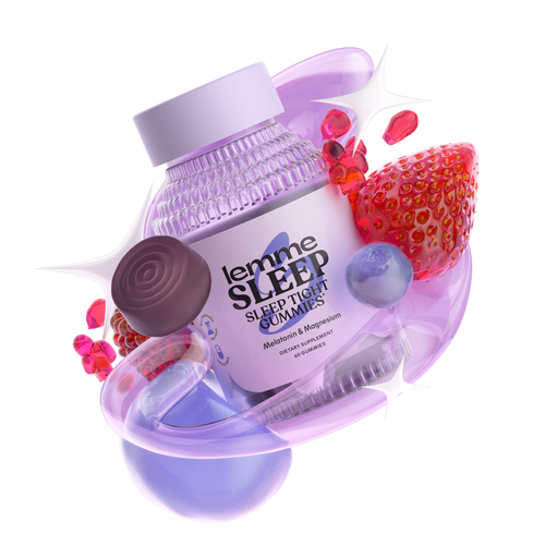 Jar of 'Lemme Sleep' gummies with strawberries and other fruits on a white background