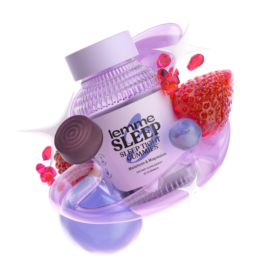bottle of 'lemme SLEEP' sleep aid gummies with strawberries and other fruits on a white background