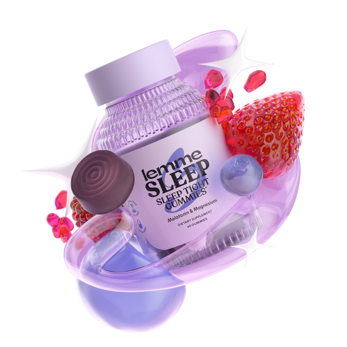 bottle of 'lemme SLEEP' sleep aid gummies with strawberries and other fruits on a white background