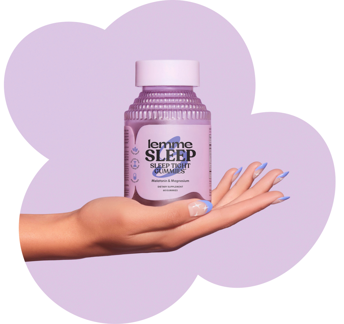 Hand holding a bottle of 'Sleep Tight Gummies' with a purple background
