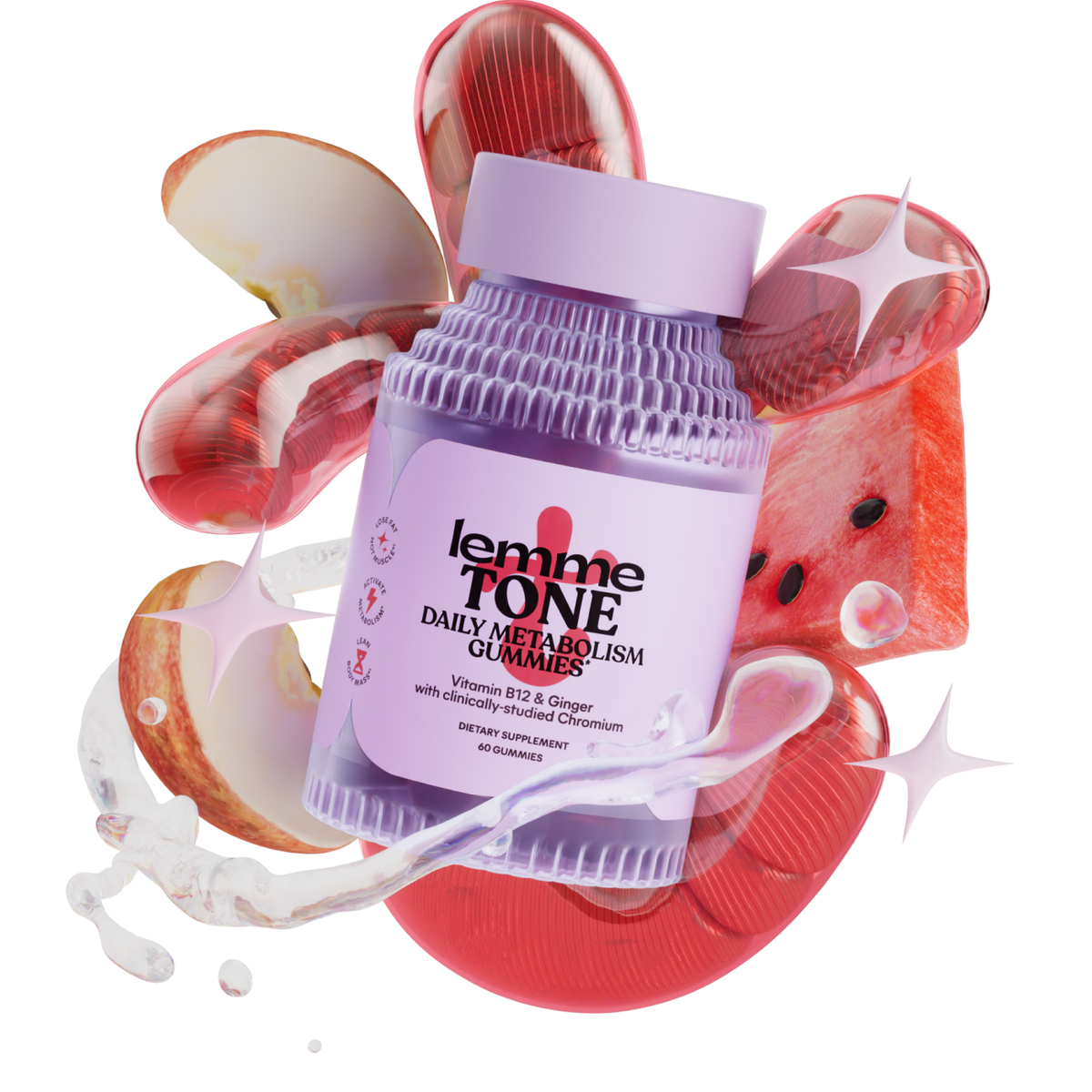 Lemme Tone daily metabolism gummies with a colorful abstract background