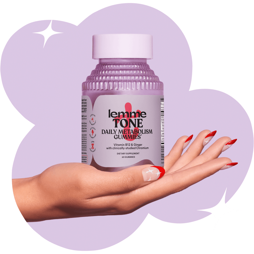 lemme tone bottle in a hand with light purple background and stars 