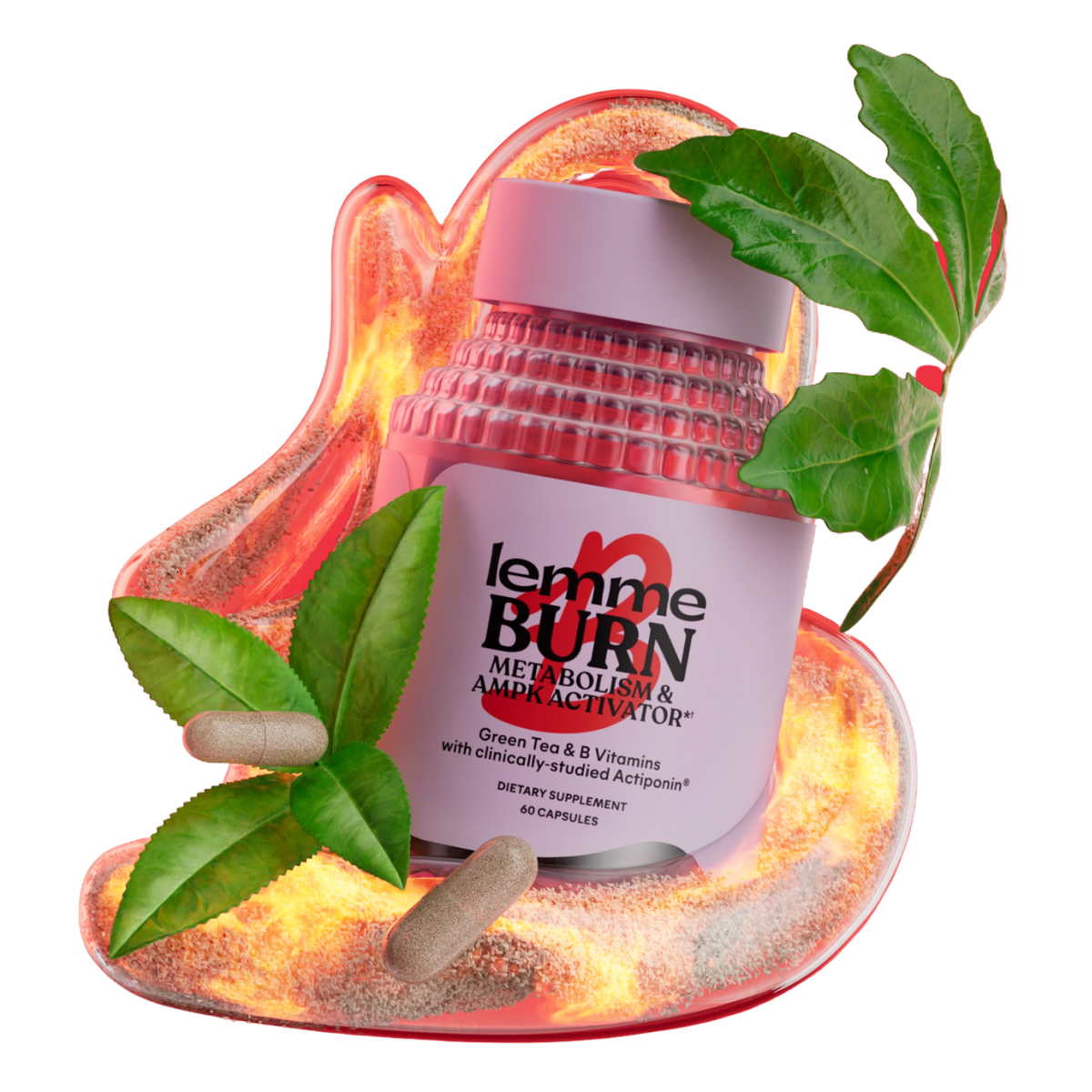 Supplement bottle labeled 'lemme BURN' with green leaves and capsules on a white background