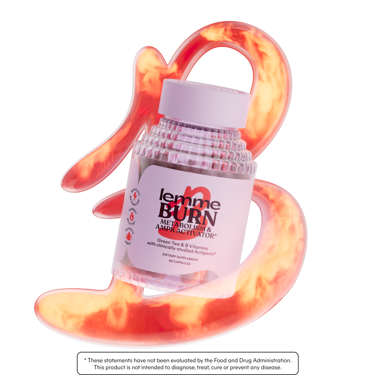 Supplement bottle labeled 'Lemme Burn' with a colorful handle on a white background