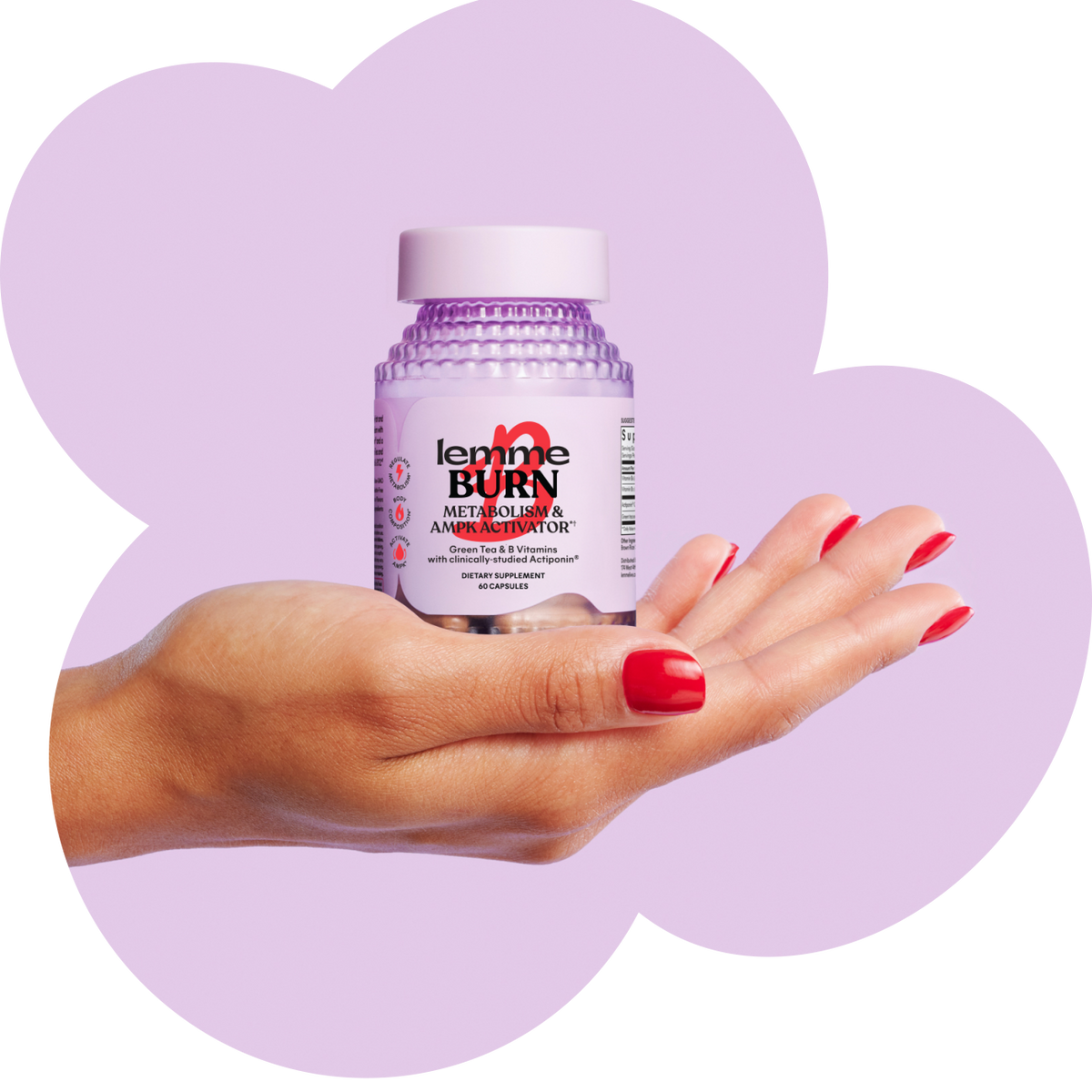 Hand holding a bottle of 'Lemme Burn' supplement against a purple heart-shaped background