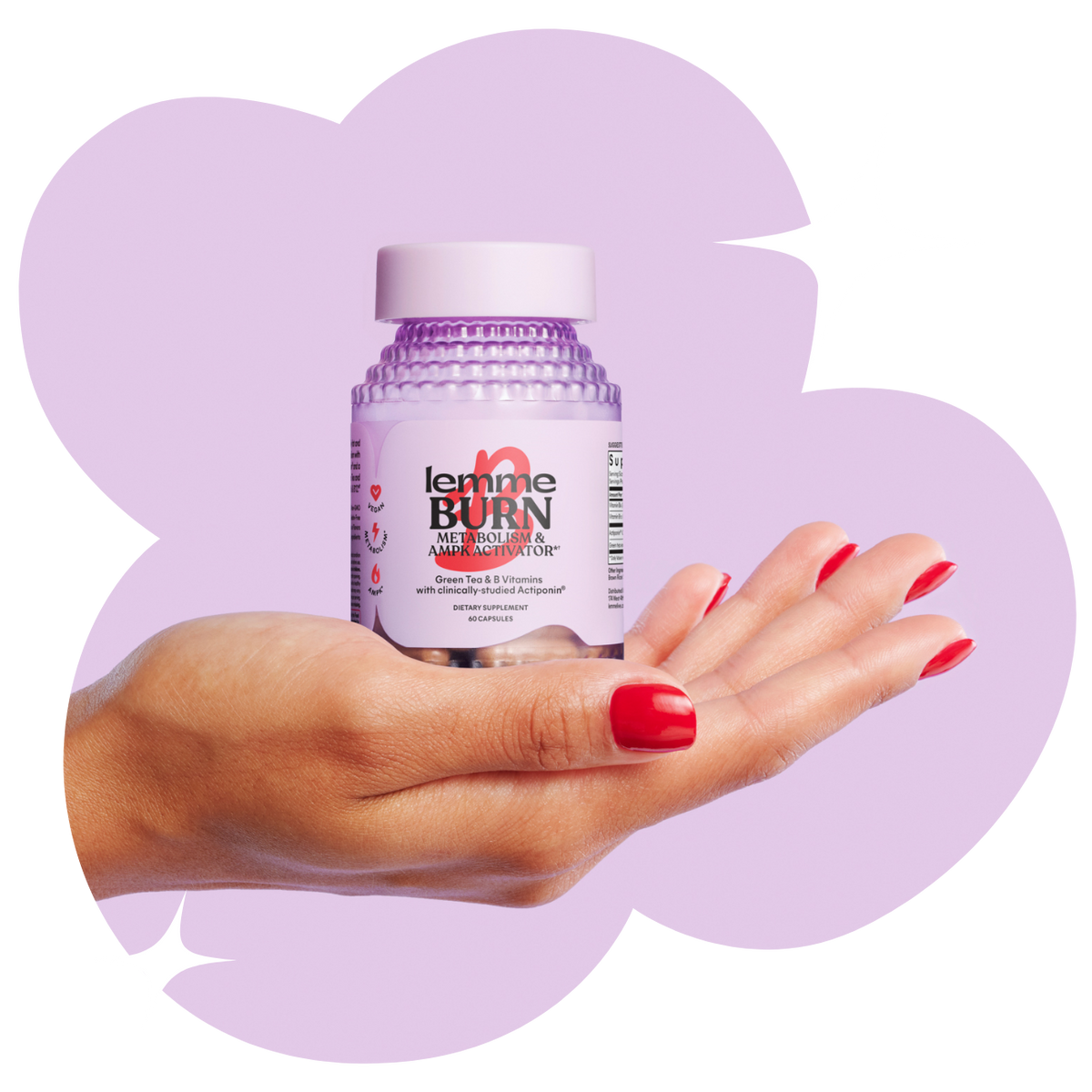 lemme burn capsules held in a hand with light purple shaped background 