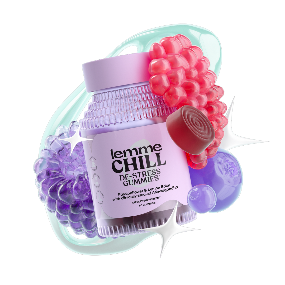 Femme Chill de-stress gummies packaging with a pink stress ball and purple hair ties on a white background