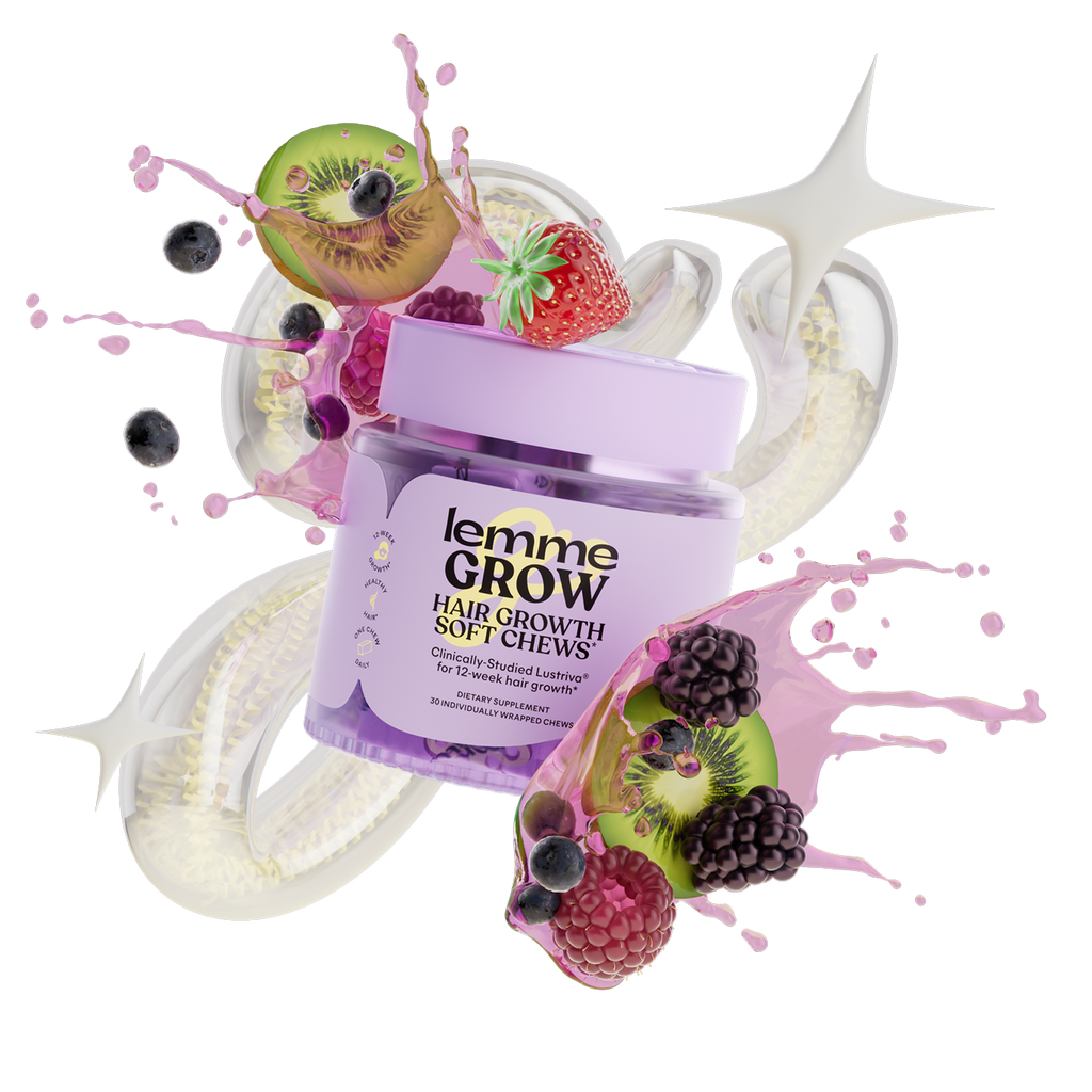 Jar of 'Lemme Grow' hair growth soft chews with fruit graphics on a white background