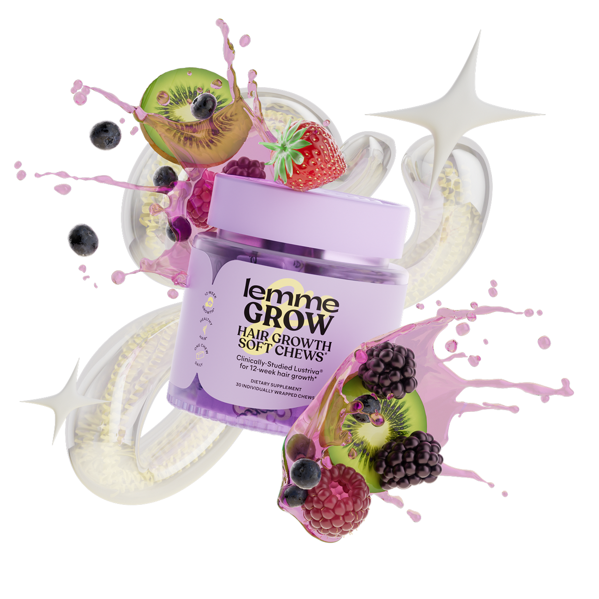 Jar of 'Lemme Grow' hair growth soft chews with fruit graphics on a white background